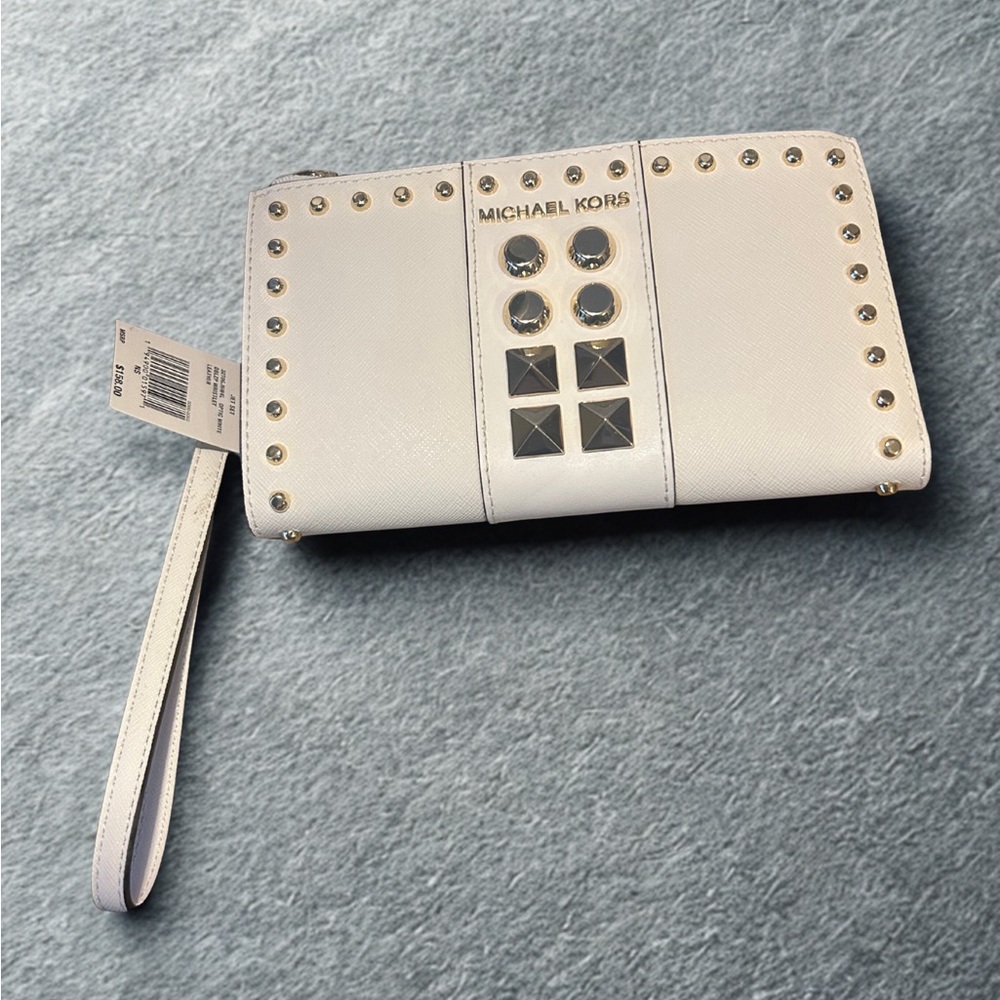 Michael Kors Optic White, Double Zip Leather Wristlet,  Designer NWT, Gold Stud - Picture 2 of 7